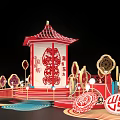 Traditional Chinese Paper Cutting Art Installation With Red Pavilion And Fortune Symbols