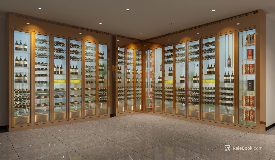 Luxurious Modern Wine Cabinet With Glass Doors And Illuminated Wine Bottles 3d model 