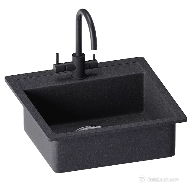 Modern Kitchen Cabinets Featuring Black Square Sink And Matte Black Faucet Design 3d model 