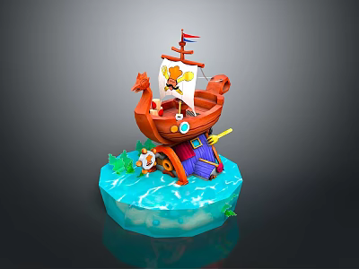 Cartoon Pirate Ship Model With Red Hull Skull Flag And Figure On Blue Wave Base 3d model