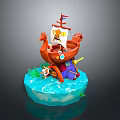 Cartoon Pirate Ship Model With Red Hull Skull Flag And Figure On Blue Wave Base