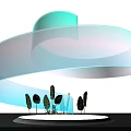 Stage With Black Background White Circular Base Green Plants And Blue Green Gradient Curved Decorations