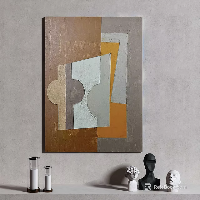 Abstract Geometric Wall Art With Warm Tones And Decorative Objects Below 3d model