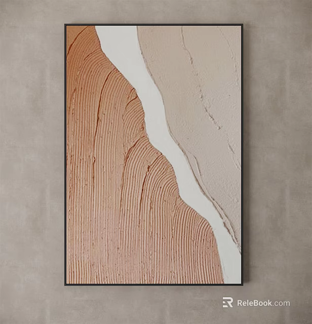 Minimalist Modern Abstract Painting Hanging On Wall With Brown Beige Wavy Texture And White Lines 3d model 