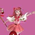 Strawberry Themed Girl Holding Magic Wand on Pink Background with Floating Strawberries and Decorative Base