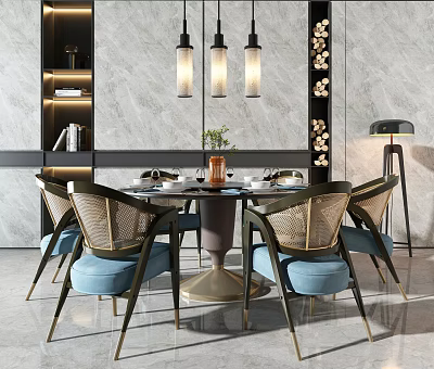Elegant Modern Dining Table Set With Metal Frame Rattan Chairs Blue Cushions And Pendant Lights 3d model