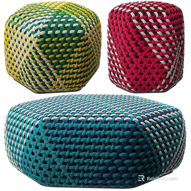Colorful Woven Pouf With Green Red Teal Patterns For Living Room Decor 3d model 