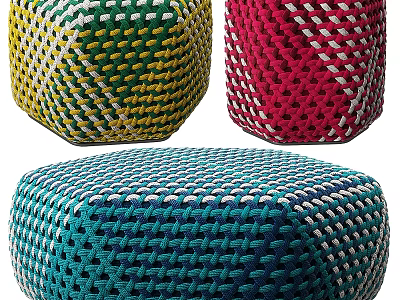 Colorful Woven Pouf With Green Red Teal Patterns For Living Room Decor 3d model