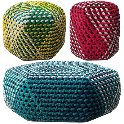 Colorful Woven Pouf With Green Red Teal Patterns For Living Room Decor 3d model