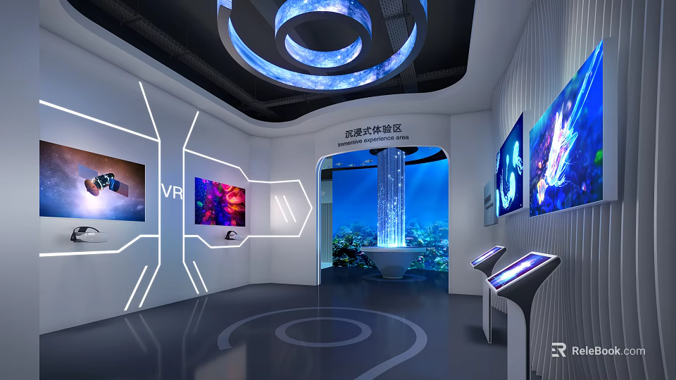 Modern VR Exhibition Hall Featuring Interactive Displays Digital Screens Blue Lighting And White Lines 3d model 