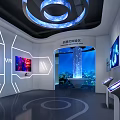 Modern VR Exhibition Hall Featuring Interactive Displays Digital Screens Blue Lighting And White Lines