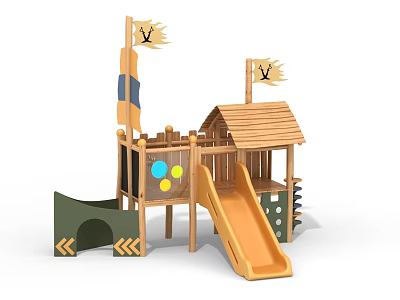 Outdoor Wooden Playground Equipment With Slide Playhouse Flags And Colorful Dots 3d model