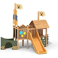 Outdoor Wooden Playground Equipment With Slide Playhouse Flags And Colorful Dots