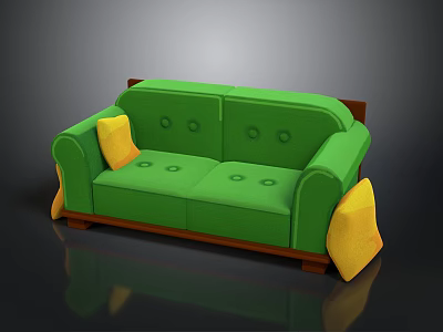 Stylish Green Sofa With Button Tufted Design Wooden Frame And Yellow Cushions 3d model