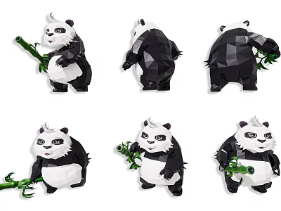 Polygonal Panda Decorative Figurine Set with Various Poses and Bamboo Elements for Home Decoration 3d model
