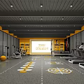 Spinning Bikes Fitness Room With Yellow Black Decor And Modern Lighting