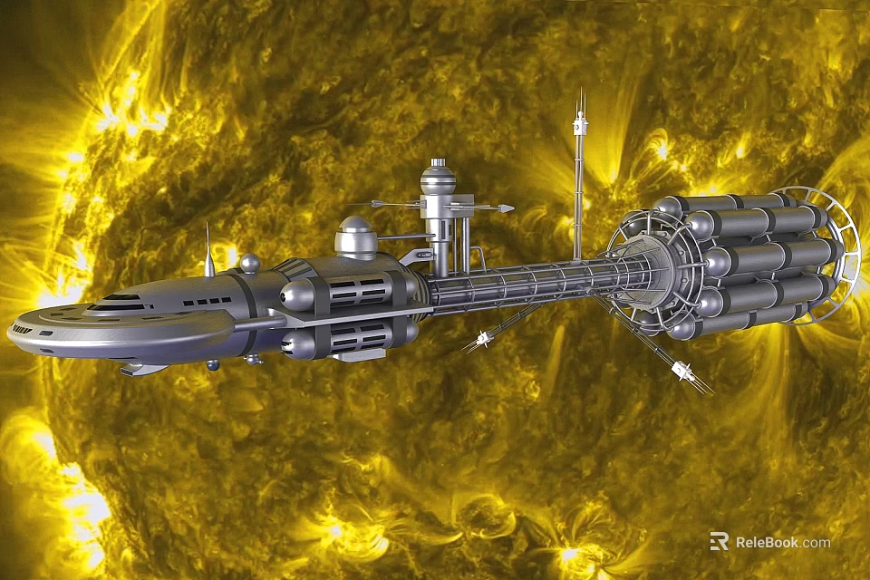 Advanced Futuristic Space Station With Metallic Structure Orbiting Glowing Sun Surface 3d model 