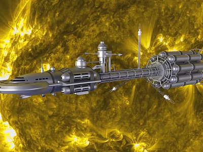 Advanced Futuristic Space Station With Metallic Structure Orbiting Glowing Sun Surface 3d model
