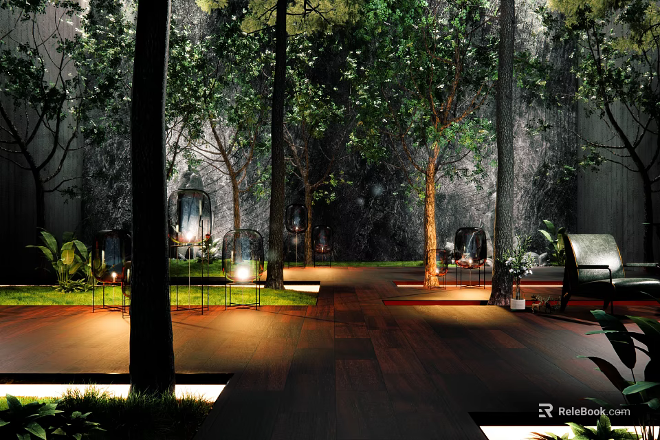 Tranquil Courtyard Garden With Lush Trees Warm Lighting And Comfortable Seats On Wooden Deck 3d model 