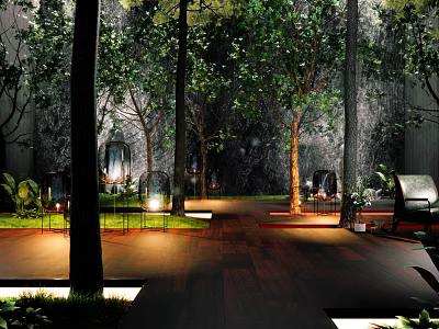 Tranquil Courtyard Garden With Lush Trees Warm Lighting And Comfortable Seats On Wooden Deck 3d model