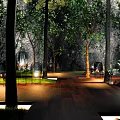 Tranquil Courtyard Garden With Lush Trees Warm Lighting And Comfortable Seats On Wooden Deck