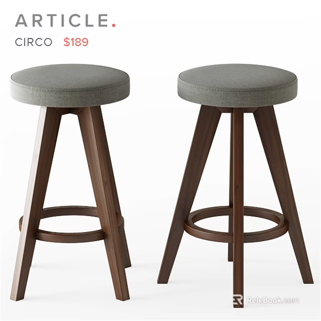 Modern Bar Stool With Round Gray Fabric Seat And Wooden Legs Design 3d model 