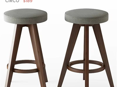 Modern Bar Stool With Round Gray Fabric Seat And Wooden Legs Design 3d model