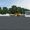 Modern Entrance Gate With White Walls Security Booth Trees And Asphalt Pavement Under Blue Sky