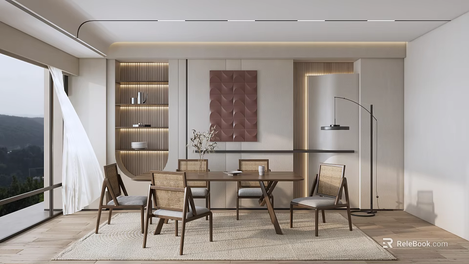 Modern Luxury Restaurant Interior With Wooden Dining Table Chairs Decorative Painting Light Strips And Rug 3d model 