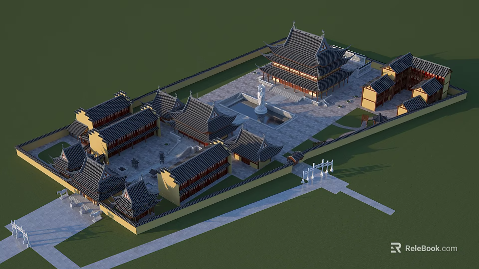 Ancient Chinese Architectural Complex With Courtyard Stone Pavement Curved Eaves And Central Statue 3d model 
