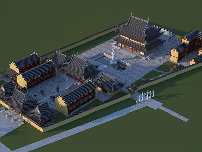 Ancient Chinese Architectural Complex With Courtyard Stone Pavement Curved Eaves And Central Statue 3d model