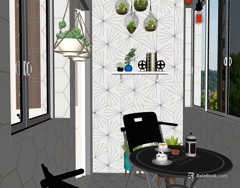 Modern Round Table And Black Chair With Geometric Pattern Wall Hanging Green Plants Decorative Shelf 3d model 