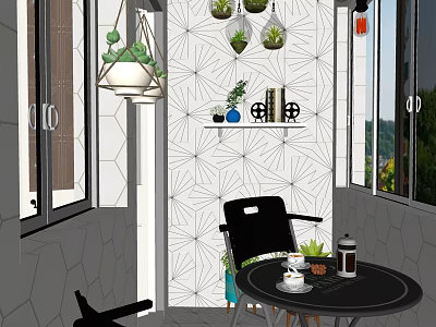 Modern Round Table And Black Chair With Geometric Pattern Wall Hanging Green Plants Decorative Shelf 3d model