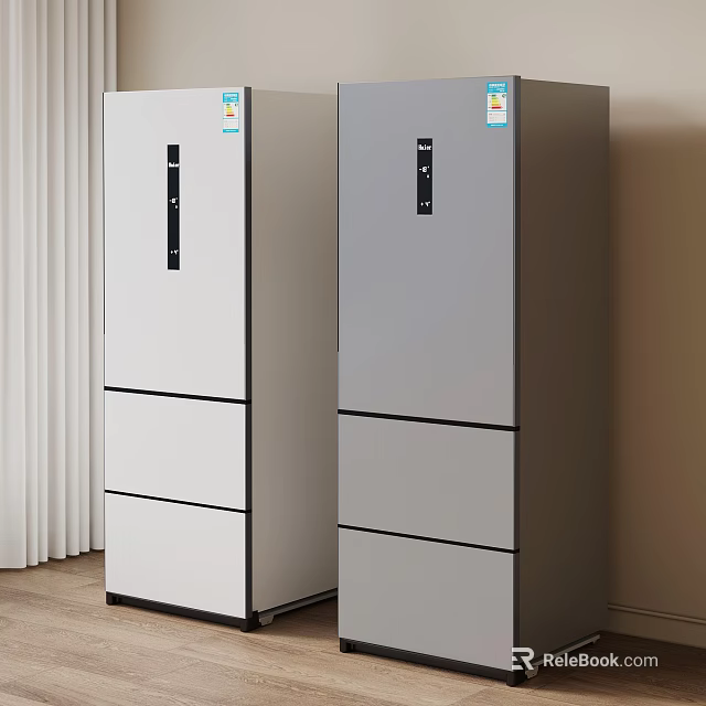 Two Modern White And Gray Upright Refrigerators With Drawer Design 3d model
