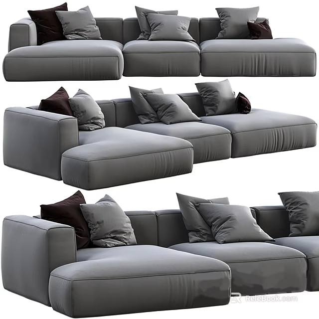Modern Gray Sectional Sofa Design With Plush Pillows And Modular Seating 3d model