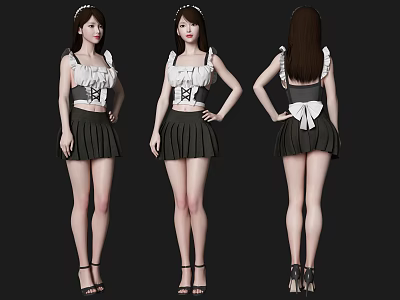 Woman Wearing Black White Sleeveless Top Pleated Skirt Front Back Side Views High Heels Bow 3d model
