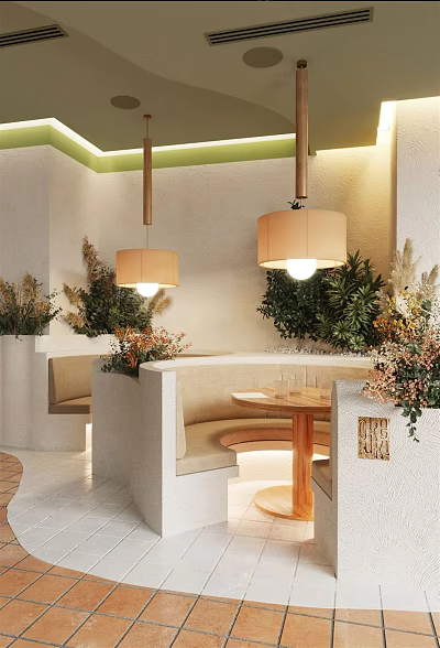 Modern Café Interior With Hanging Pendant Lights Curved Booth Seating Round Wooden Tables And Green Plants 3d model