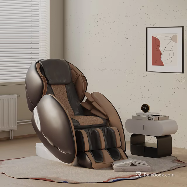 Modern Ergonomic Massage Chair In Living Room With Side Table Books Abstract Painting And Blinds 3d model 