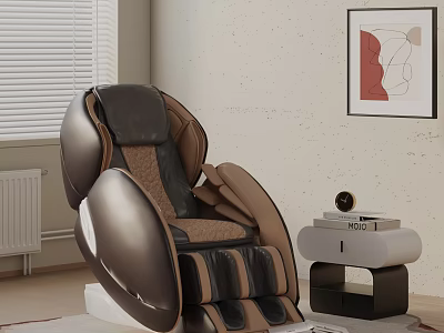 Modern Ergonomic Massage Chair In Living Room With Side Table Books Abstract Painting And Blinds 3d model