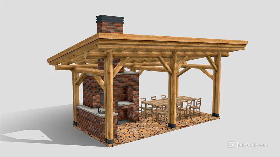 Rustic Wooden Gazebo With Brick Chimney Wooden Beams And Outdoor Dining Table And Chairs 3d model 