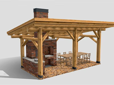 Rustic Wooden Gazebo With Brick Chimney Wooden Beams And Outdoor Dining Table And Chairs 3d model