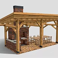 Rustic Wooden Gazebo With Brick Chimney Wooden Beams And Outdoor Dining Table And Chairs