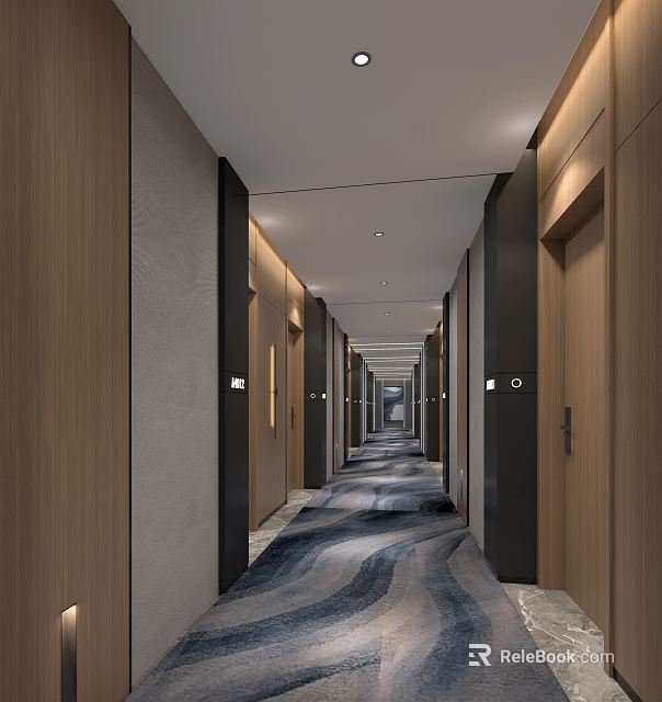 Hotel Corridor Interior Featuring Long Passage Wooden Walls Warm Lighting And Patterned Carpet 3d model 