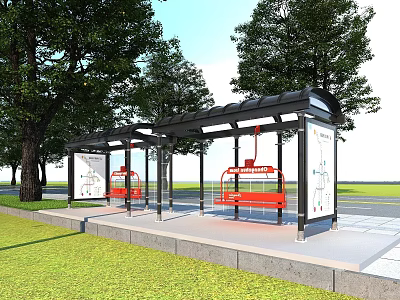 Modern Urban Bus Stop Shelter With Red Seats And Green Trees 3d model