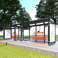 Modern Urban Bus Stop Shelter With Red Seats And Green Trees