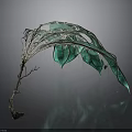 Green Leaf Sculpture With Metal Branch And Transparent Water Droplets On Gray Background