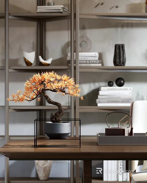 Modern Study Room With Orange Yellow Bonsai Tree Grey Pot Bookshelf Books And Decorative Items 3d model 