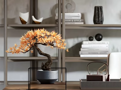 Modern Study Room With Orange Yellow Bonsai Tree Grey Pot Bookshelf Books And Decorative Items 3d model