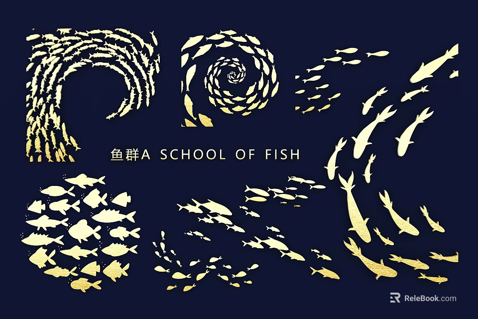 Golden School of Fish Wall Decor with Dark Blue Background and Spiral Patterns 3d model 