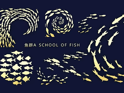 Golden School of Fish Wall Decor with Dark Blue Background and Spiral Patterns 3d model
